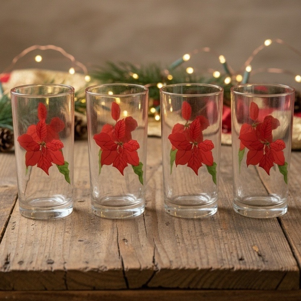 Crisal Block Spal Poinsettia Highball Glasses, Set of 4 Vintage Holiday Tumblers
